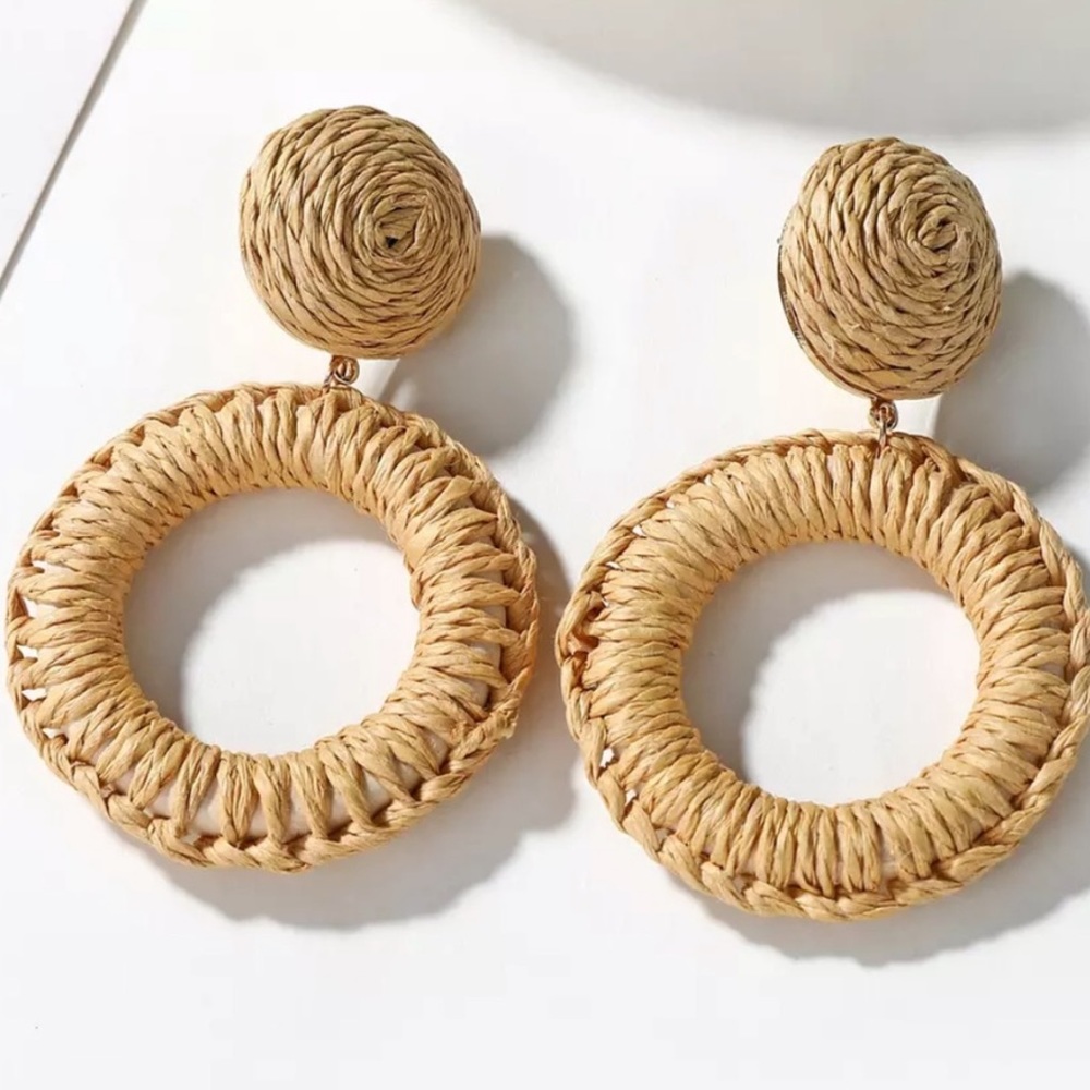 Woven Wicker Round Hoop Rattan Straw Wood Bohemian Statement Earrings Jewelry